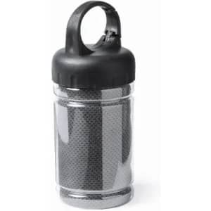 A drink bottle with a transparent body and a black screw-on lid, featuring a carrying handle.