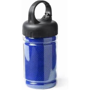 A drink bottle with a clear body and a black lid, featuring a blue textured sleeve. It has a handle for easy carrying.