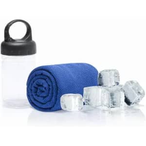 A drink bottle with a black lid, a blue towel neatly rolled, and several ice cubes. The bottle has a logo.