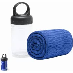 A drink bottle in clear plastic, accompanied by a blue microfiber towel and a small item with a black top.