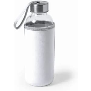 A drink bottle with a transparent glass body and a white fabric sleeve, fitted with a silver metal cap and strap.