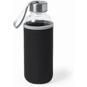 A drink bottle with a glass body, silver lid, and a black fabric sleeve featuring a strap.