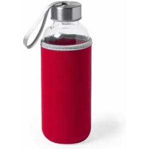 A drink bottle with a clear glass body and a red neoprene sleeve, featuring a silver cap and strap.