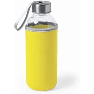 A drink bottle with a yellow silicone sleeve and a silver metal cap, featuring a carry strap.