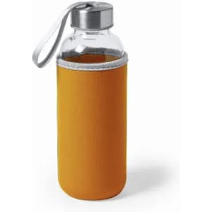 A drink bottle with a transparent glass body and an orange silicone sleeve, featuring a metallic cap and a strap.