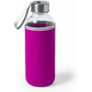 A drink bottle with a glass body and a vibrant pink silicone sleeve, featuring a metal lid and a carrying strap.