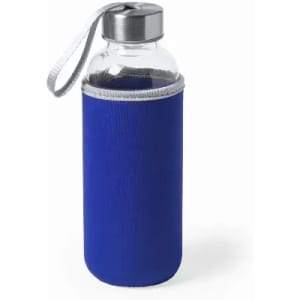 A drink bottle with a clear glass body, blue silicone sleeve, and a silver lid with a handle.