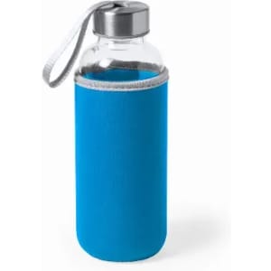 A drink bottle in blue with a glass body and a silver lid, featuring a matching blue sleeve and strap.