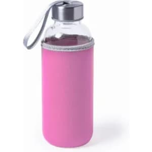 A drink bottle with a clear body and a vibrant pink silicone sleeve, featuring a silver lid and strap.