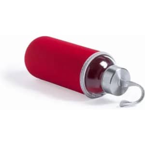 A drink bottle with a red silicone cover and a silver cap attached with a hook. It features a logo.