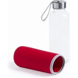 A drink bottle with a clear body and a silver lid, accompanied by a red insulating sleeve.
