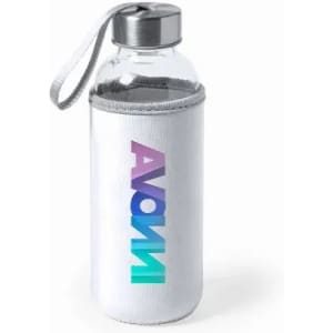 A drink bottle with a clear body and a white sleeve, featuring a colourful gradient logo.