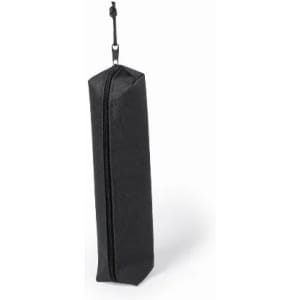 A pencil case in black with a zip closure and a hanging loop for easy carrying.