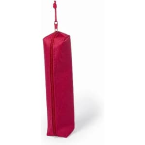 A pencil case in a vibrant pink colour with a zip closure and a hanging strap. It has a simple, angular design.