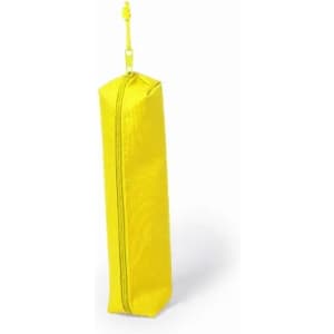 A zippered pouch in bright yellow, featuring a hanging loop at the top. Ideal for storage and organisation.