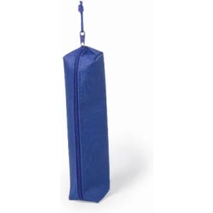 A pencil case in solid blue with a zip closure and a hanging loop. It has a simple, rectangular shape.