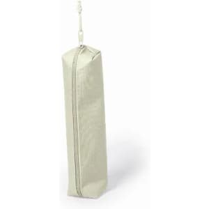 A pencil case in a light beige colour, featuring a zipper closure and a hanging loop.