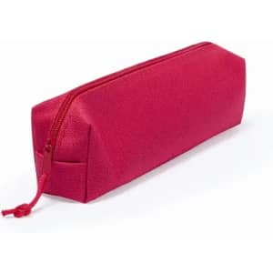 A pencil case in bright red with a zip closure and a rectangular design, featuring a small pull tab.