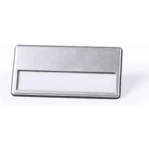 A metal nameplate holder with a clear area for a label, featuring a simple rectangular design.