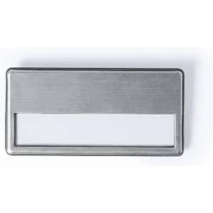 A silver metal rectangular name badge holder with a clear window for displaying a name tag.