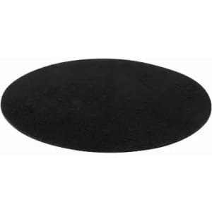 A black circular mat with a smooth surface, featuring a logo at the centre.