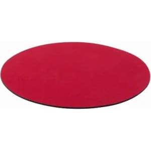 A round red mat with a smooth surface, featuring a black underside.