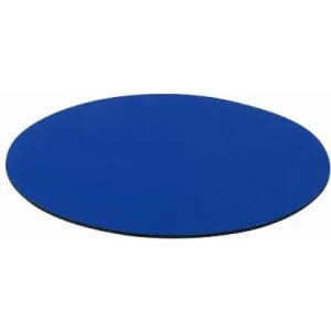 A round blue promotional product with a flat surface and black edging, featuring a logo on top.