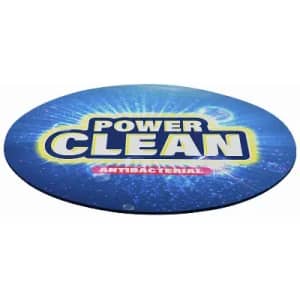 A blue circular promotional product with "POWER CLEAN" and "ANTIBACTERIAL" text, featuring a sparkly design.