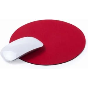 A round red mouse pad with a white wireless mouse resting on it. The pad has a smooth surface.