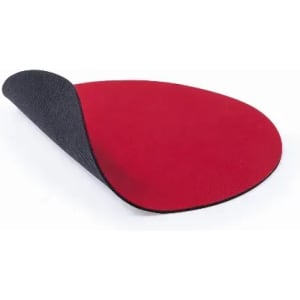 A red and black round mat with a curved edge, showcasing its textured surface and colour contrast.