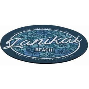 A round promotional coaster featuring a floral design in blue and teal, with the text "Lanikai Beach" prominently displayed.