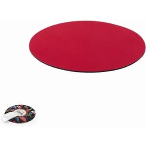 A red round mouse pad with a smaller circular design, featuring a colourful pattern and a white tag.