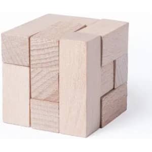 A wooden puzzle made of light-coloured blocks arranged in a cube shape, featuring various textures and sizes.