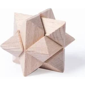 A wooden puzzle toy shaped like a star, featuring multiple triangular protrusions and a natural light wood finish.