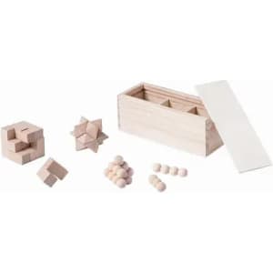 A wooden puzzle set featuring geometric shapes and a storage box, with natural wood and cream-coloured pieces.