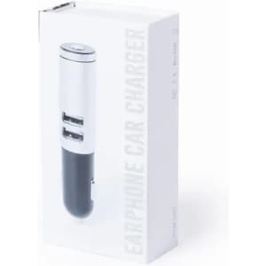 A car charger with two USB ports in a black and silver design, presented in a branded white box.
