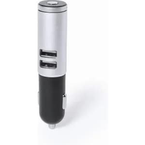 A car charger with a silver top and black bottom, featuring two USB ports. It includes a logo on the side.