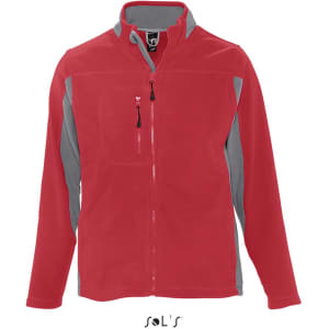 A red and grey men's zippered polar fleece top featuring a front pocket and a logo.