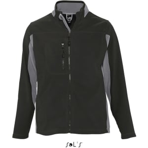 A zippered men's polar fleece top in black and grey with a logo, featuring a chest pocket and stand collar.