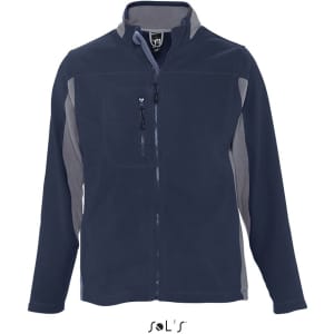 A men's zippered polar fleece top in navy and grey, featuring a zippered pocket and a logo on the chest.