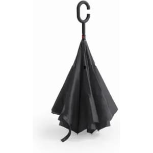A black umbrella with a curved handle, displayed in an open position. It features a simple, sleek design.
