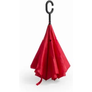 A red umbrella with a black handle, designed with a C-shaped grip for easy carrying.