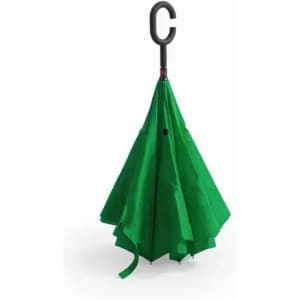 A green umbrella with a curved black handle, displayed in an upright position. It features a simple design.