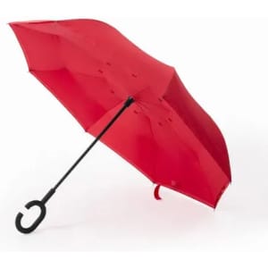 A red umbrella with a curved black handle, featuring a rounded canopy design. It has one logo on the fabric.