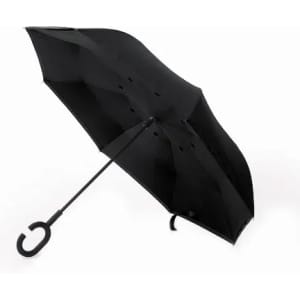 A black umbrella with a curved handle and a sleek design. It features a sturdy canopy and has a logo on the handle.