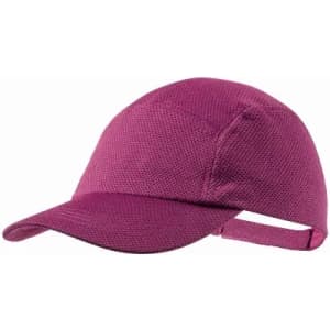 A pink cap with a textured fabric and a curved brim, featuring an adjustable strap at the back.