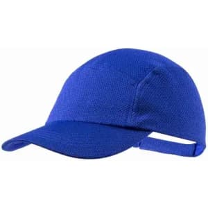 A blue cap with a curved brim and adjustable strap at the back, featuring a textured fabric design.