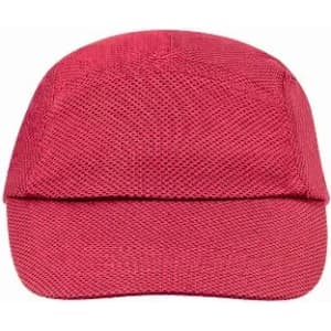 A red cap with a textured fabric and a low-profile design. It features a curved brim and a logo on the front.