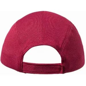 A red cap with a mesh design and an adjustable strap at the back. Features a logo on the side.