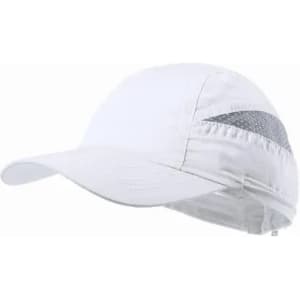 A white cap with a grey stripe, featuring a moisture-wicking design and a logo on the side.